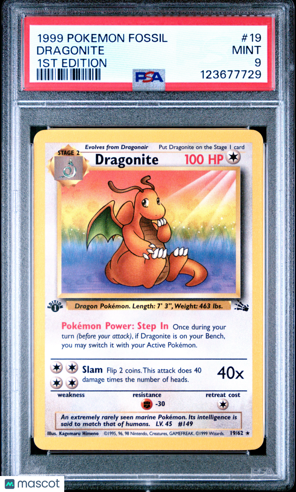 1999 Pokemon Fossil Dragonite #19 1st Edition PSA 9