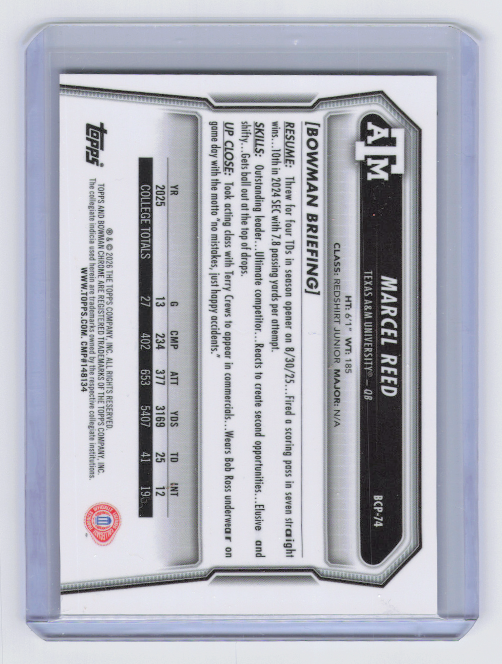 2026 Bowman Chrome University Football Marcel Reed #BCP-74 /8