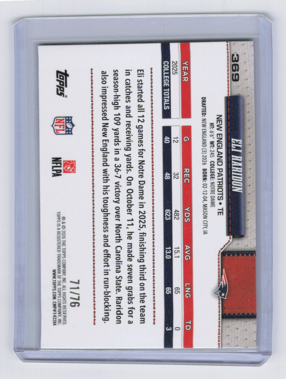 2026 Topps Eli Raridon #369 Stars & Stripes /76 RC