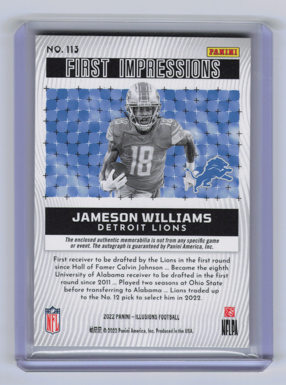 2022 Panini Illusions Football Jameson Williams #113 /99 RC Memorabilia