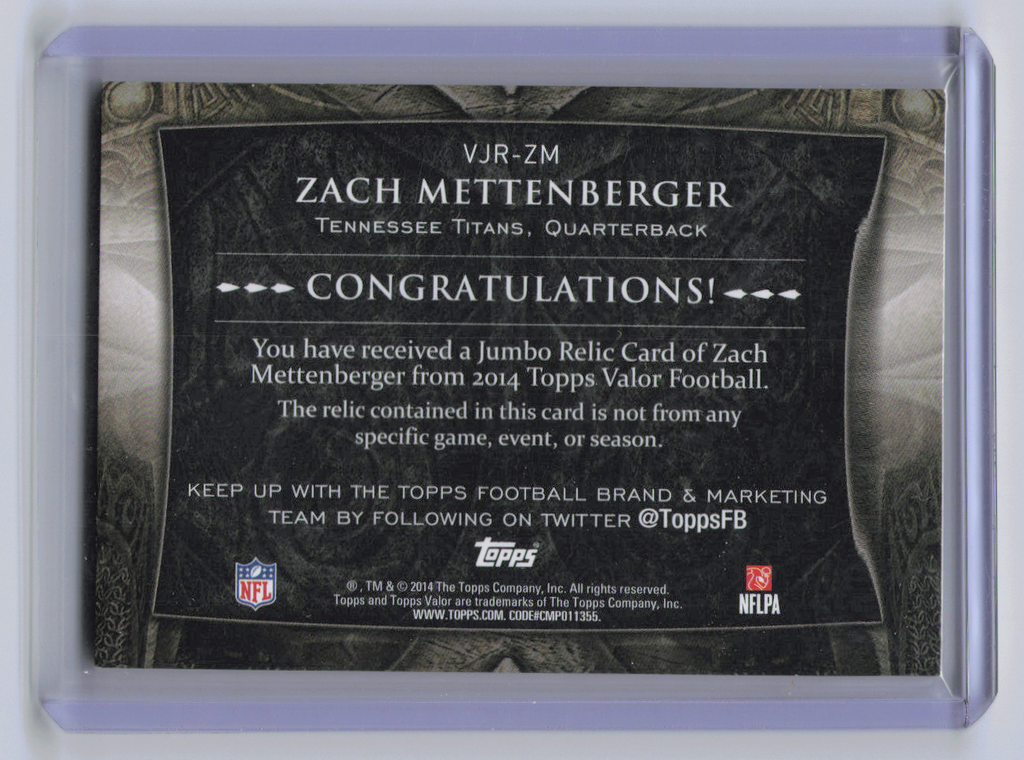 2014 Topps Valor Zach Mettenberger #VJR-ZM Heart /1 RC Memorabilia