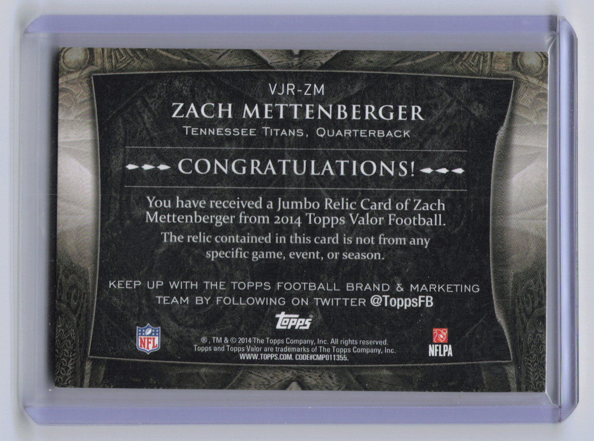 2014 Topps Valor Zach Mettenberger #VJR-ZM Heart /1 RC Memorabilia