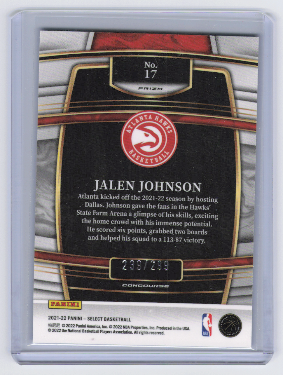 2022 Panini Select Jalen Johnson #17 Light Blue Prizm /299 RC