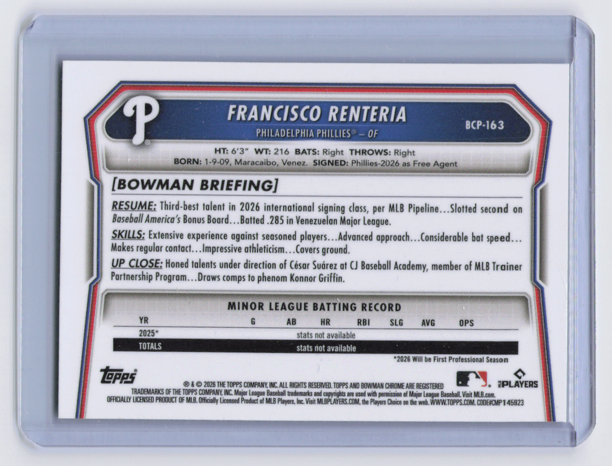 2026 Topps Bowman Chrome Francisco Renteria #BCP-163 Green /99