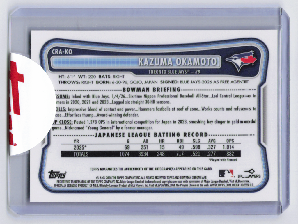 2026 Bowman Chrome Kazuma Okamoto #CRA-KO Blue /150 RC