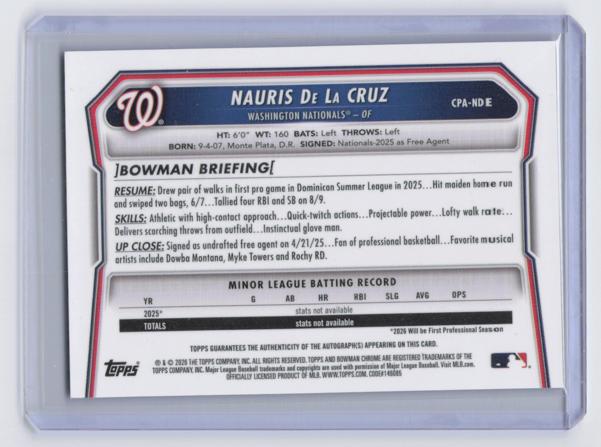2026 Bowman Chrome Nauris De La Cruz #CPA-NDE Blue Refractor /150
