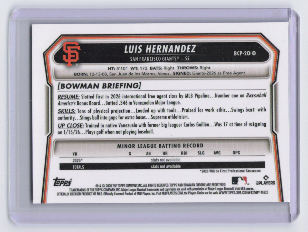 2026 Bowman Chrome Luis Hernandez #BCP-200 Blue /150