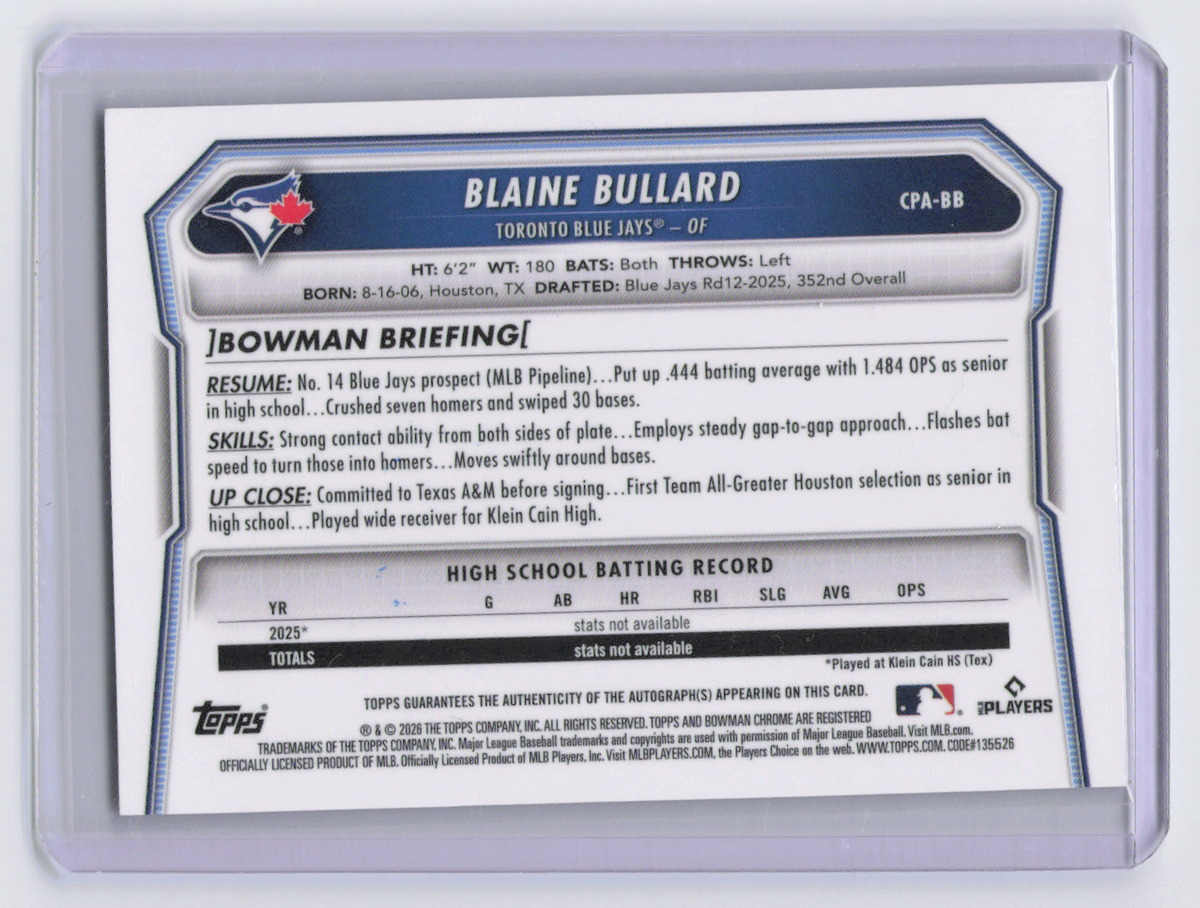 2026 Bowman Chrome Blaine Bullard #CPA-BB Speckle Refractor /299