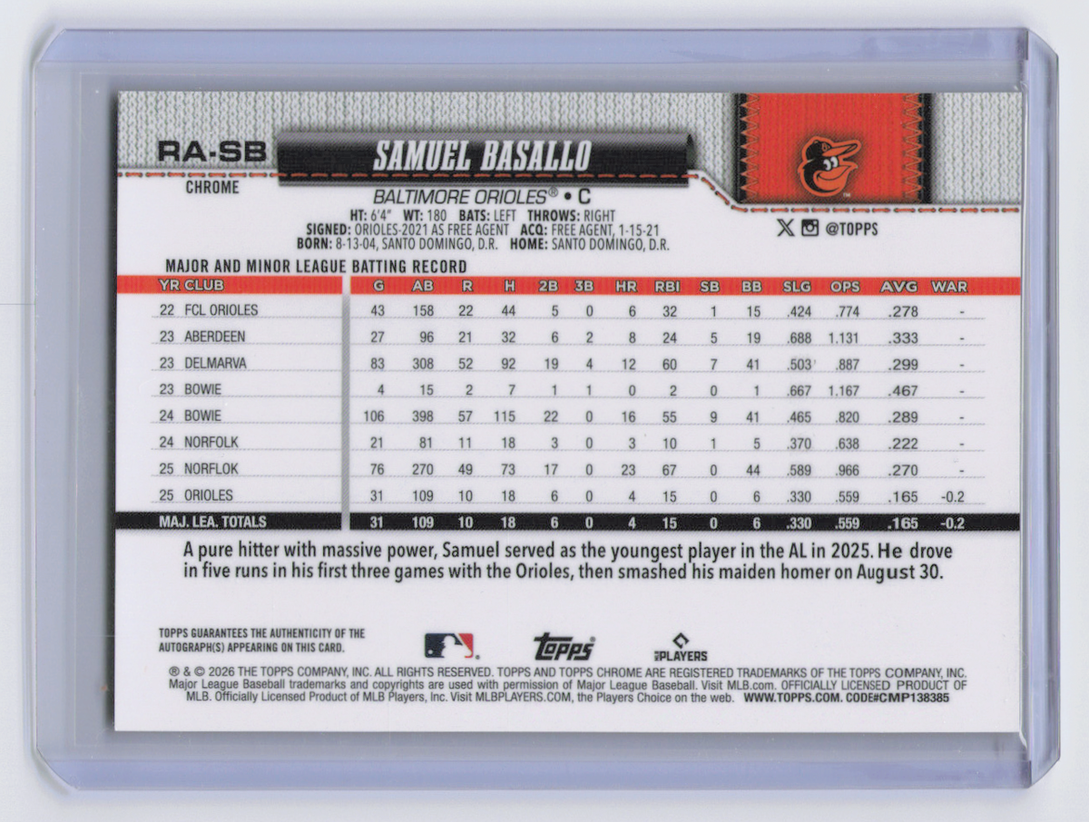 2026 Topps Chrome Samuel Basallo #RA-SB Yellow /275 RC