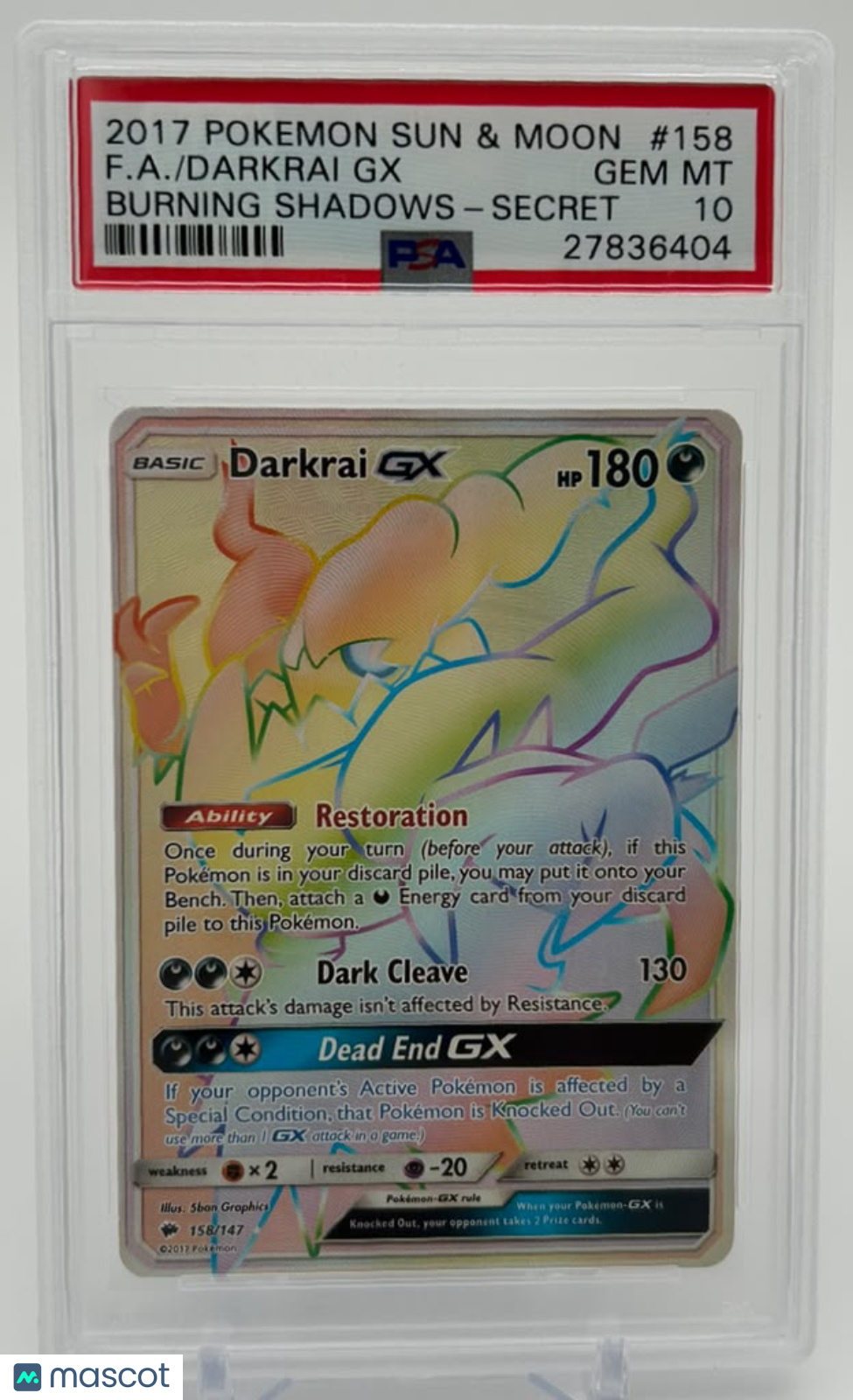 2017 Pokemon Sun & Moon Burning Shadows Darkrai GX #158 Burning Shadows-Secret Fa PSA 10