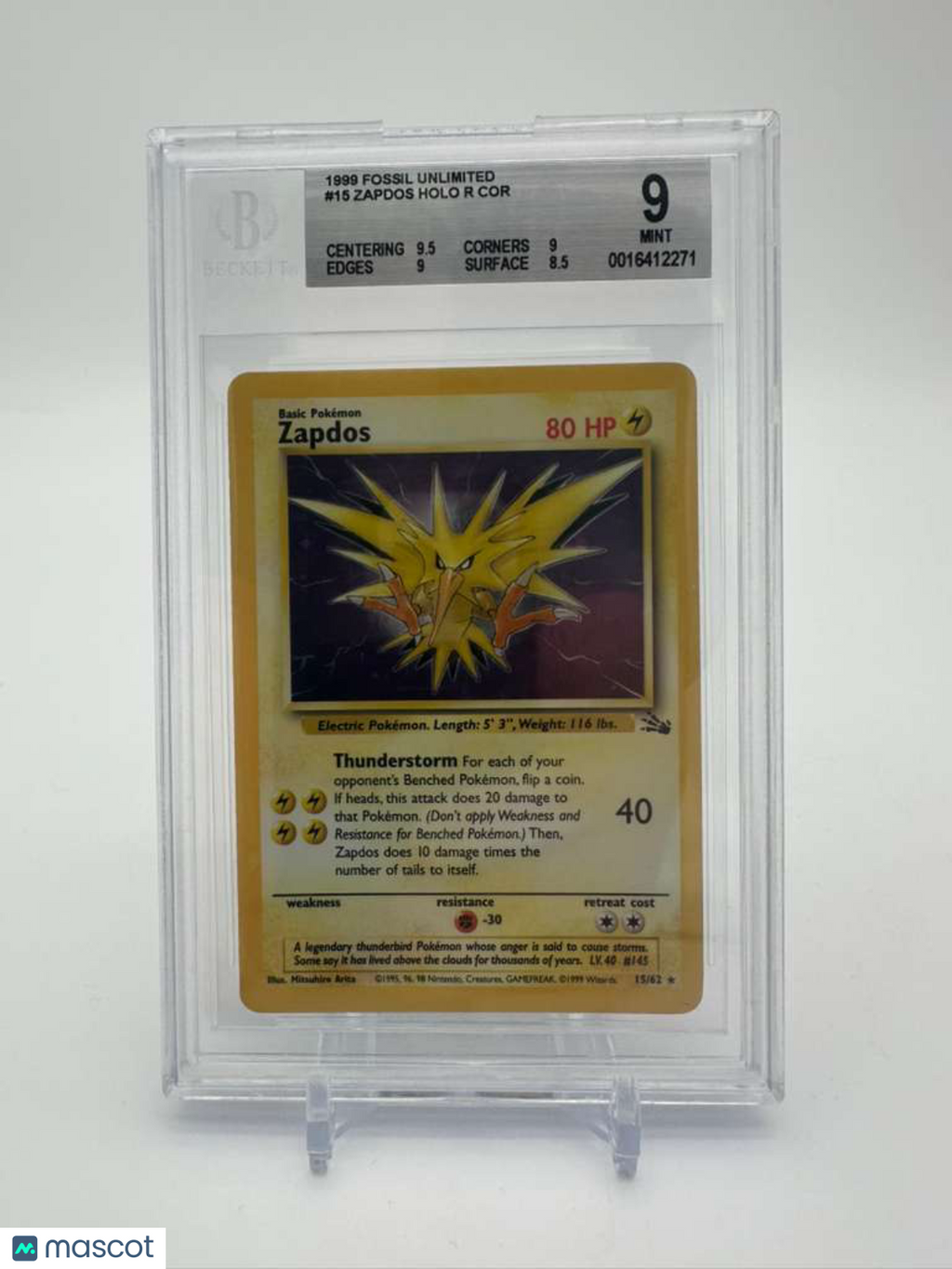 1999 Pokemon Fossil Unlimited Zapdos HOLO R COR #15 BGS 9
