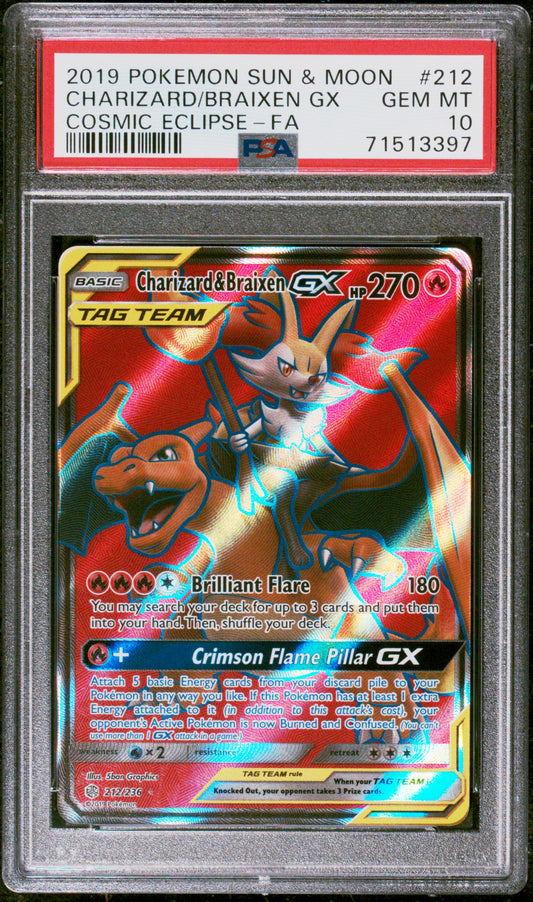 2019 Pokemon Sun & Moon Cosmic Eclipse 212 Charizard/Braixen Gx PSA 71513397