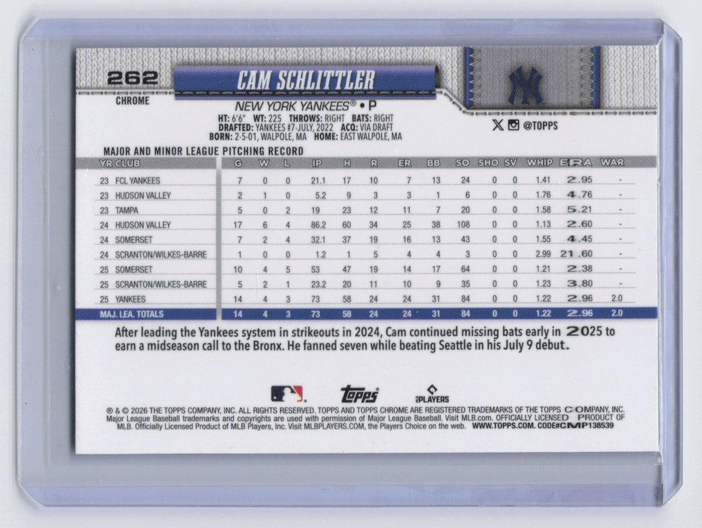 2026 Topps Chrome Sapphire Cam Schlittler RC #262