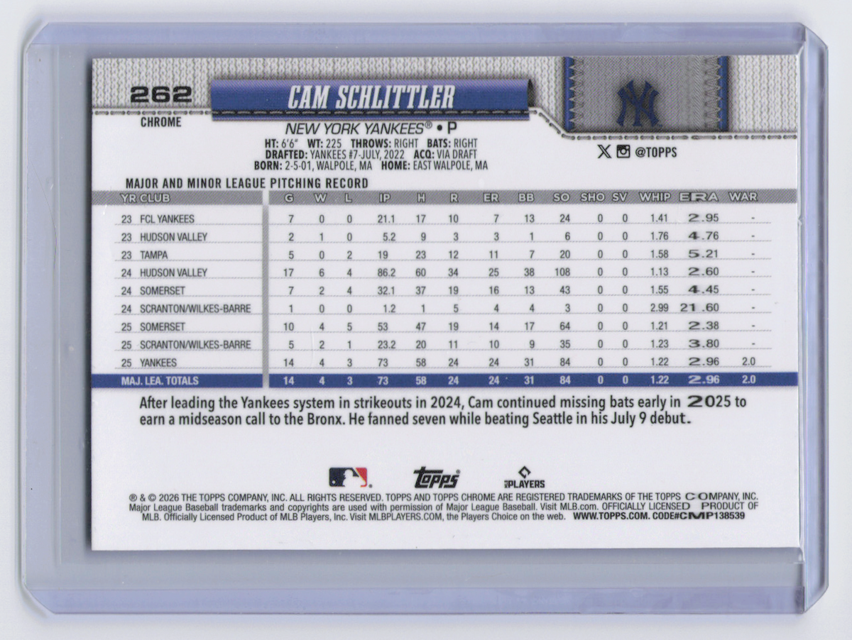 2026 Topps Chrome Sapphire Cam Schlittler RC #262