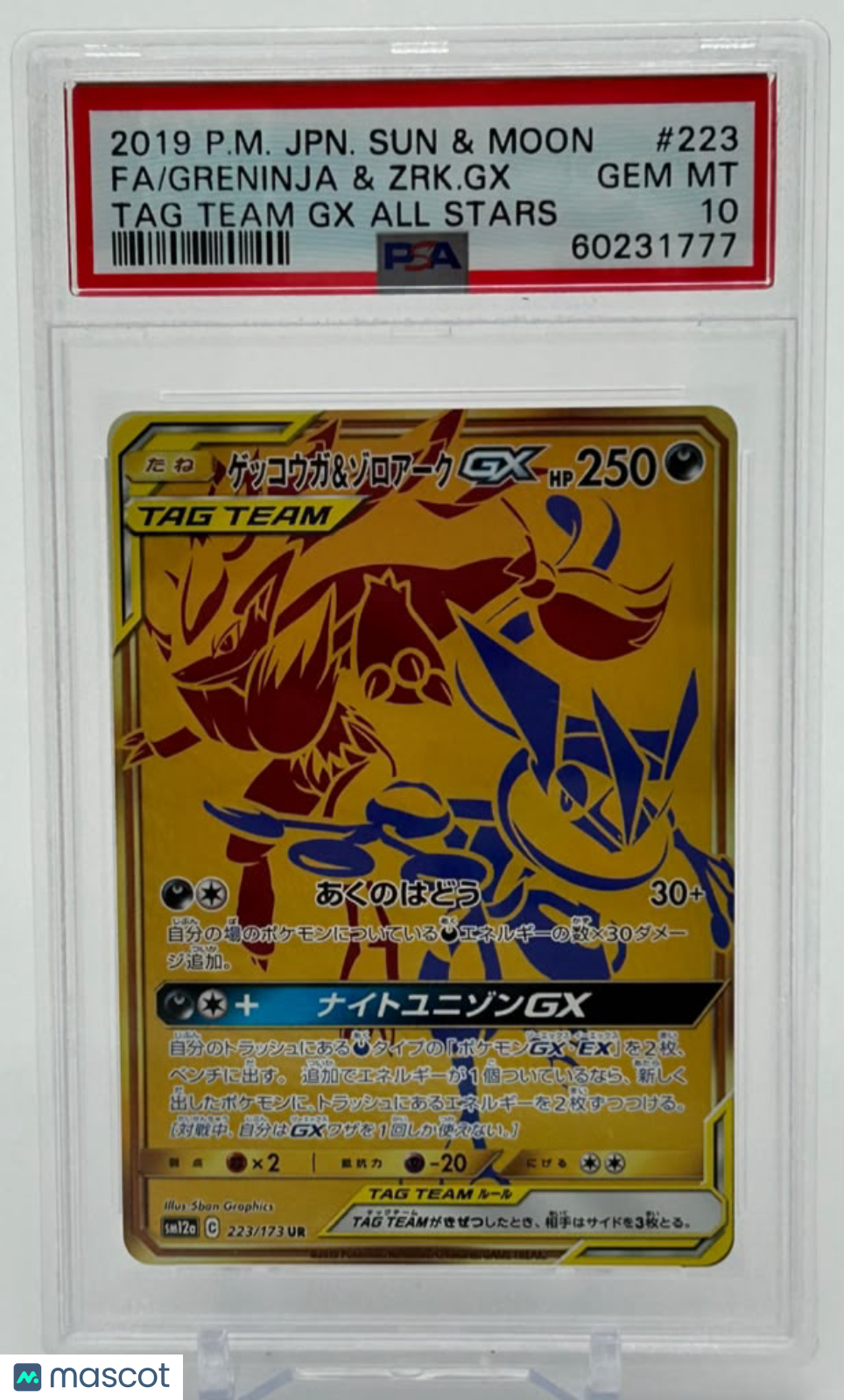 2019 Pokemon Japanese Sun & Moon TAG Team GX All Stars Greninja & ZRK. GX #223 Japanese TAG Team GX All Stars Fa PSA 10