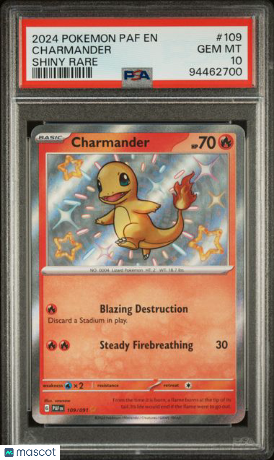 2024 Pokemon Paf EN-Paldean Fates Charmander #109 Shiny Rare PSA 10