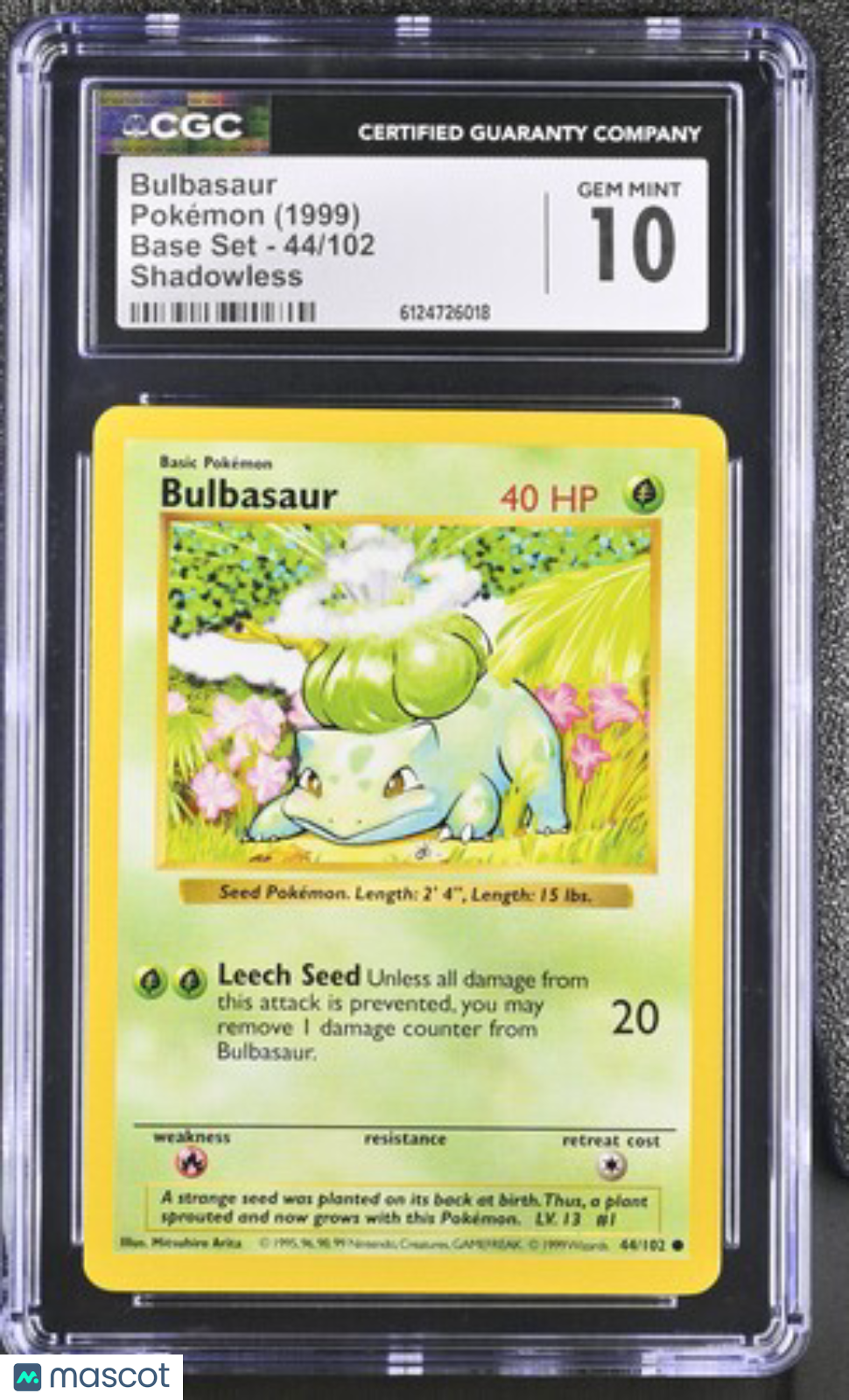 1999 Pokemon Bulbasaur #44/102 44/102 CGC 10
