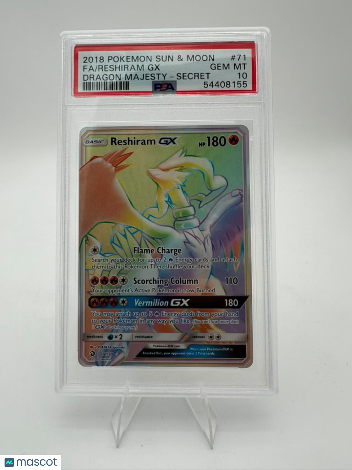 2018 Pokemon Sun & Moon Dragon Majesty Reshiram GX #71 Dragon Majesty-Secret Fa PSA 10