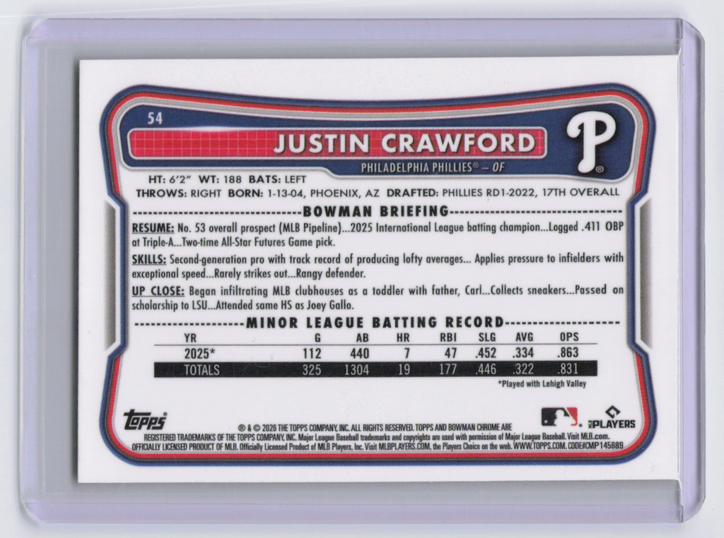 2026 Bowman Chrome Justin Crawford #54 Yellow /75 RC