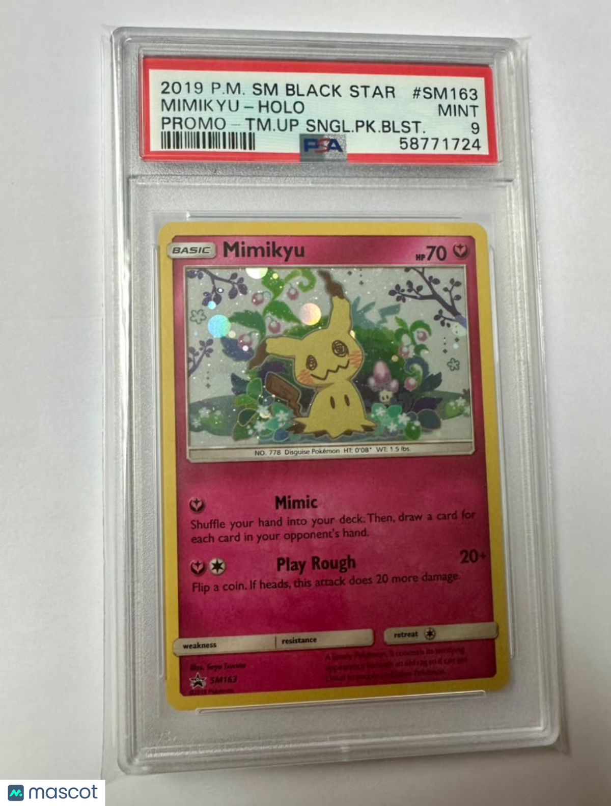 2019 Pokemon SM Black Star Promo Mimikyu #SM163 Promo-TM.Up Sngl.PK.Blst. PSA 9
