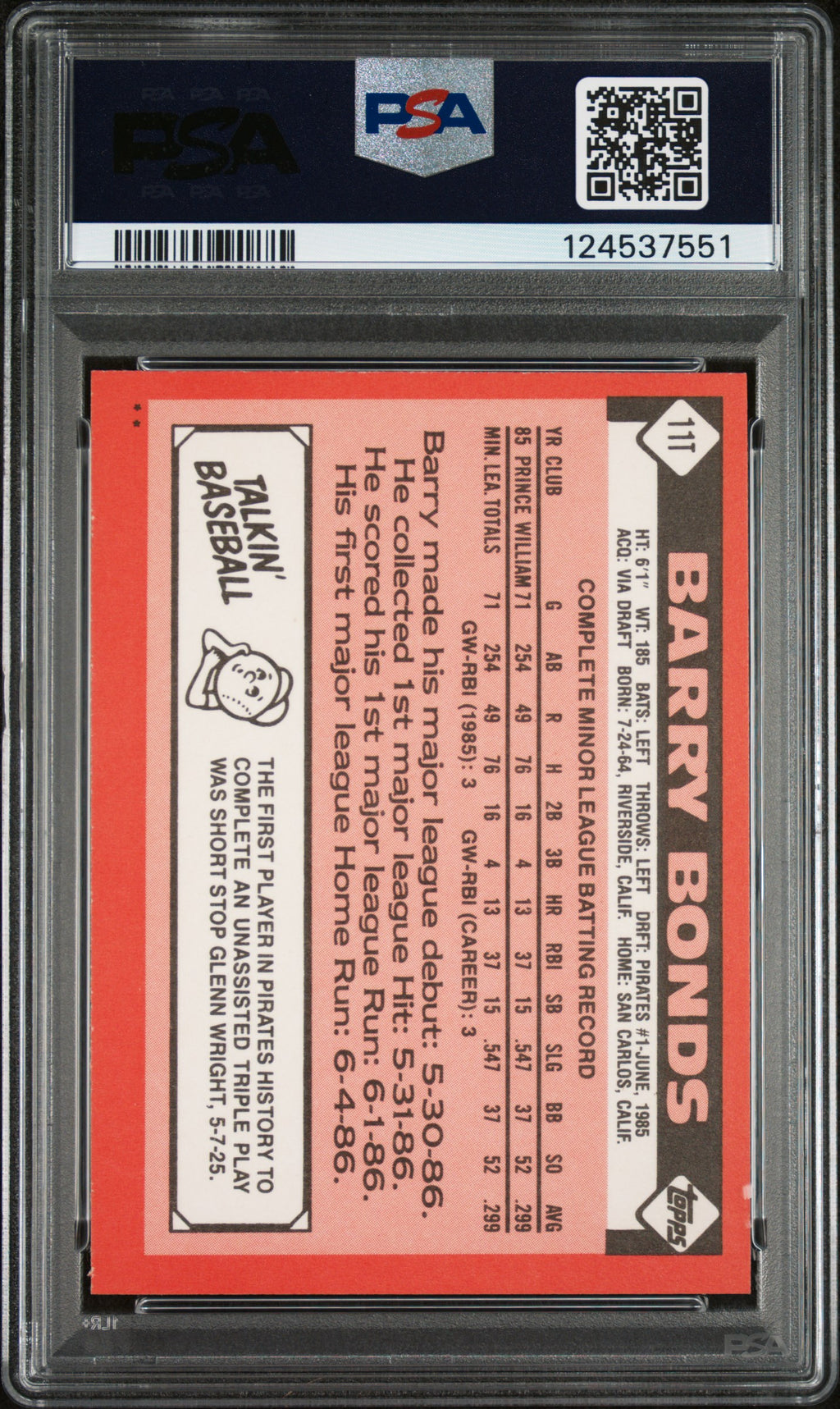 1986 Topps Traded Barry Bonds #11T PSA 9