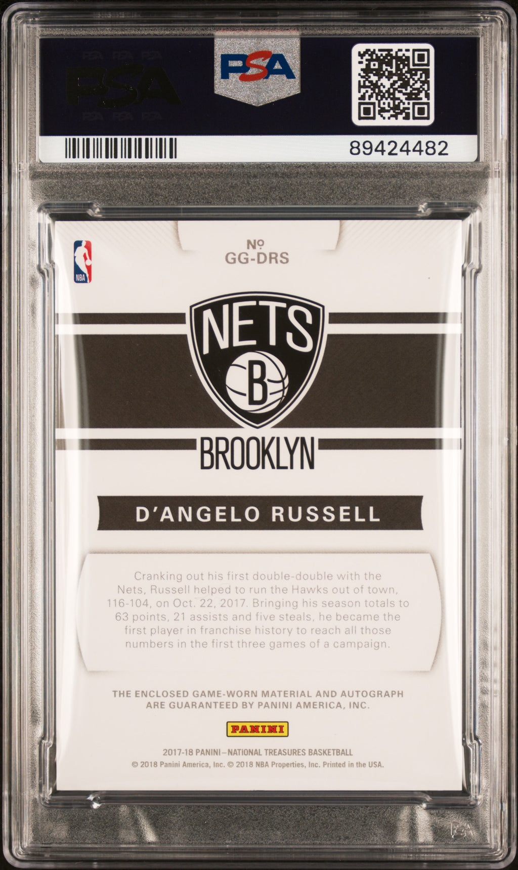 2017 Panini National Treasures Game Gear Autographs D'angelo Russell #DRS /49 PSA 9