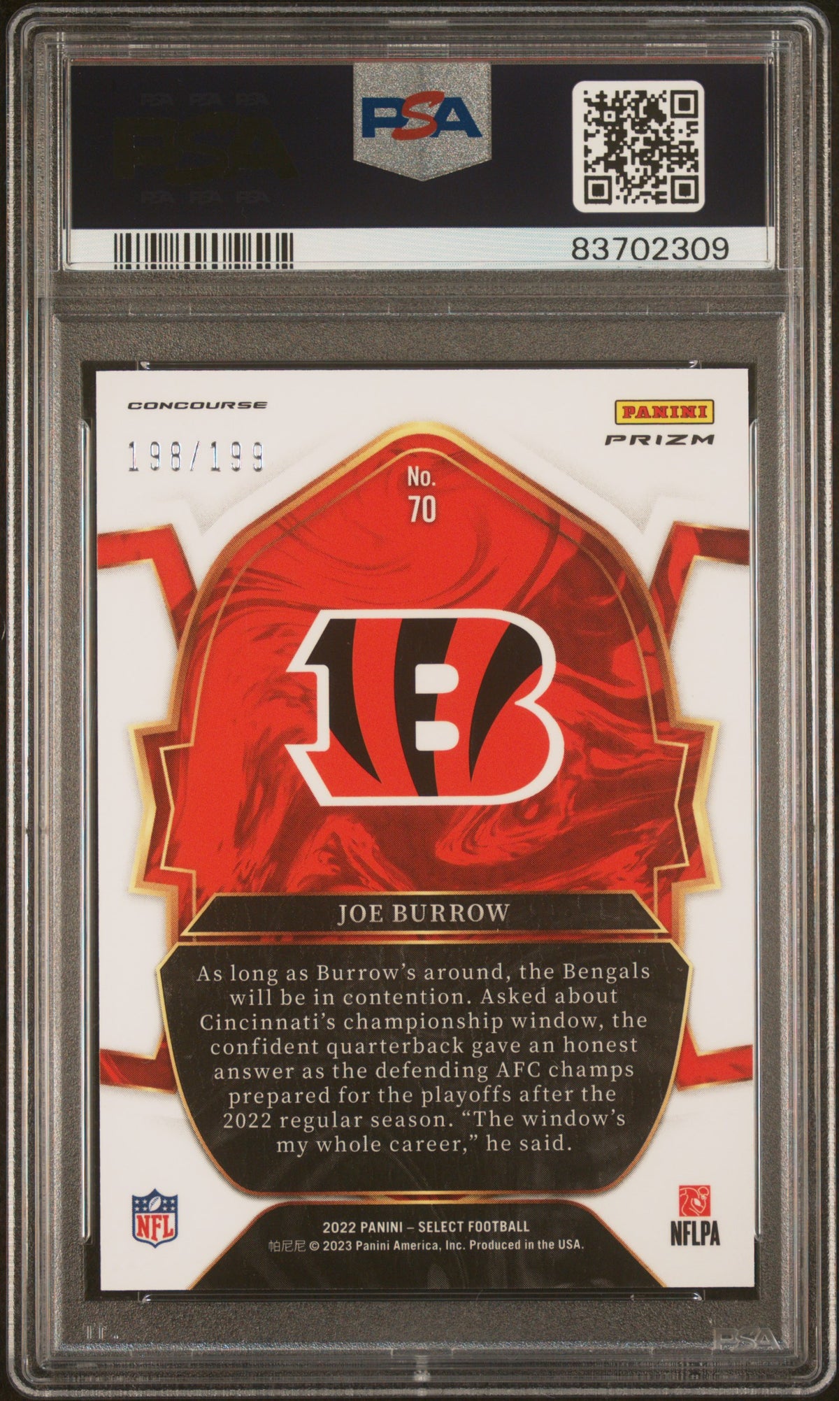 2022 Panini Select Joe Burrow #70 Blue Prizm PSA 10