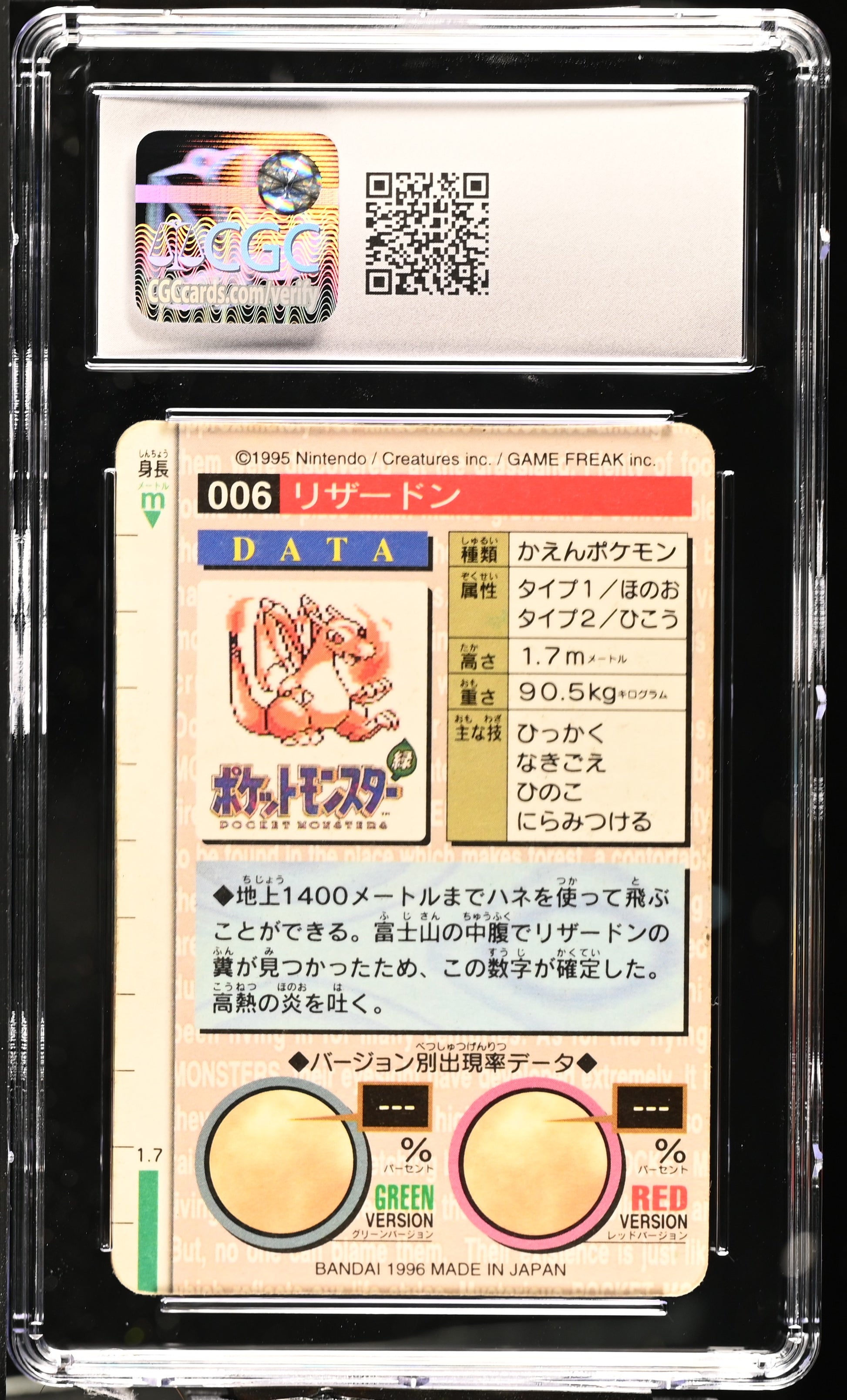 1996 Bandai Carddass Pokemon - Part 1 Charizard #006 Red Card Prism Holo / CGC 6
