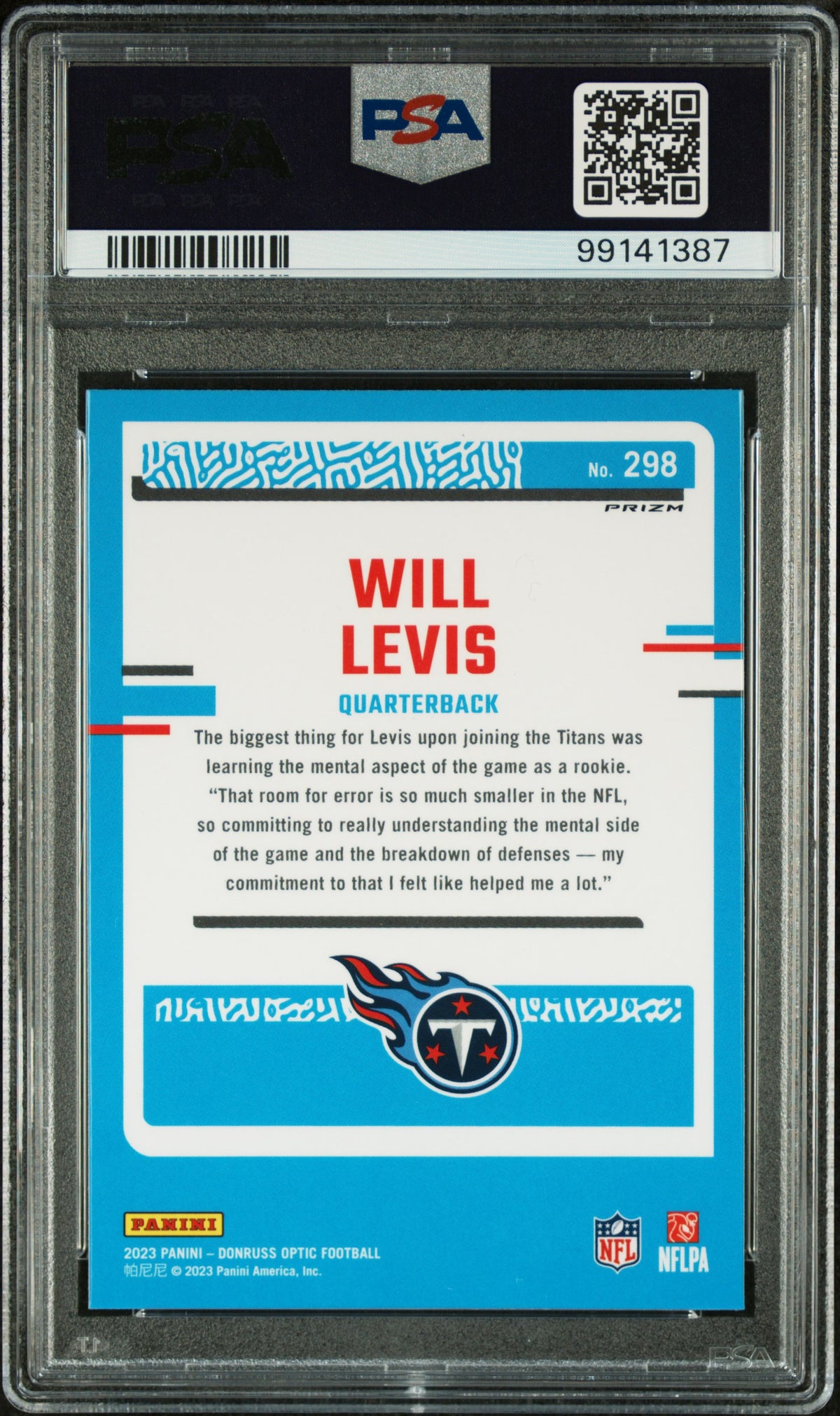 2023 Panini Donruss Optic Will Levis #298 Blue Glitter PSA 10