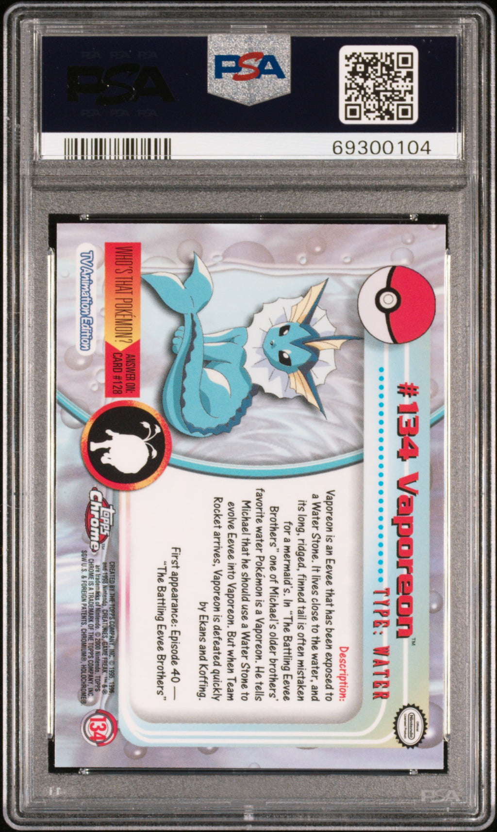 2000 Topps Chrome Pokemon T.V. Vaporeon #134 PSA 10