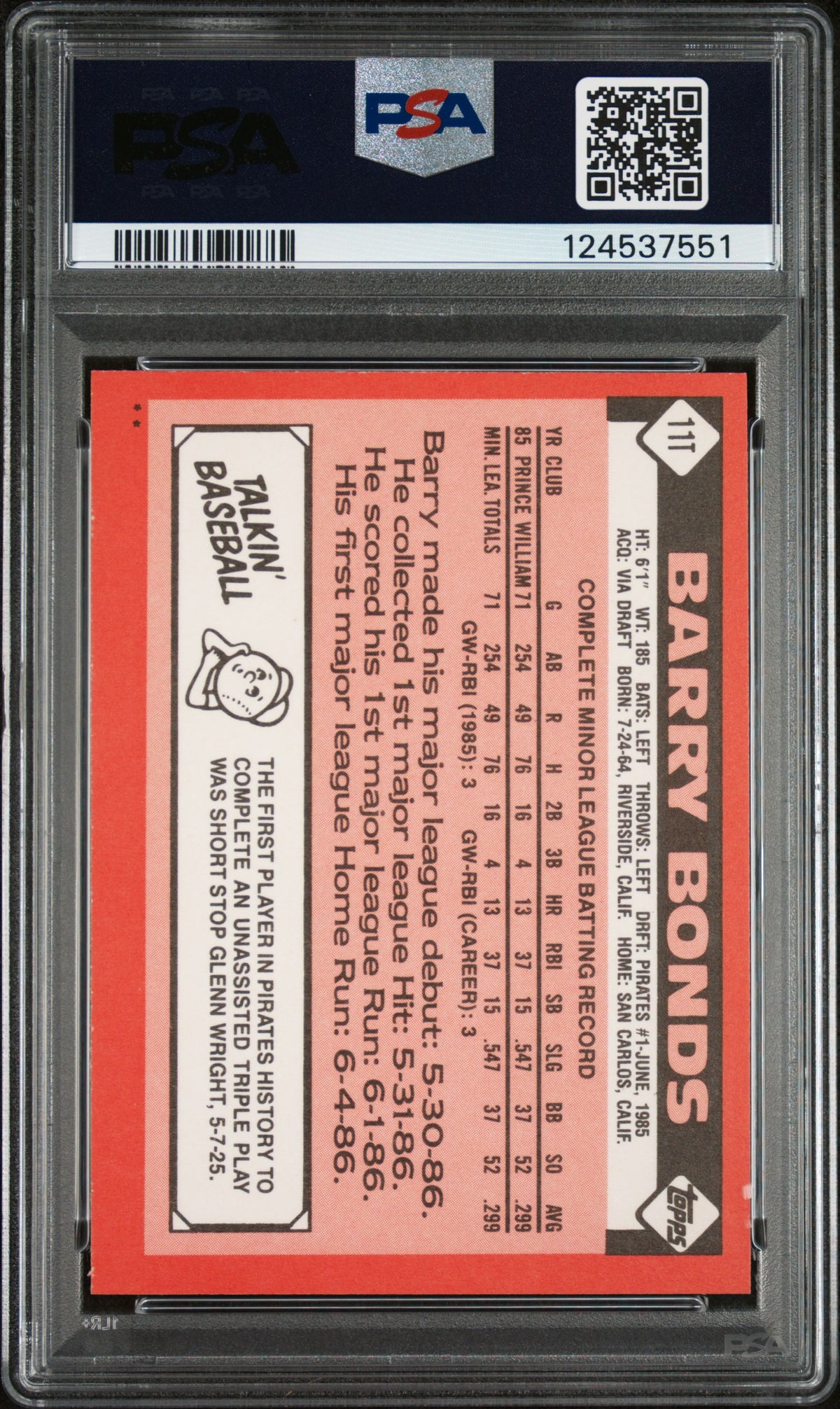 1986 Topps Traded Barry Bonds #11T PSA 9