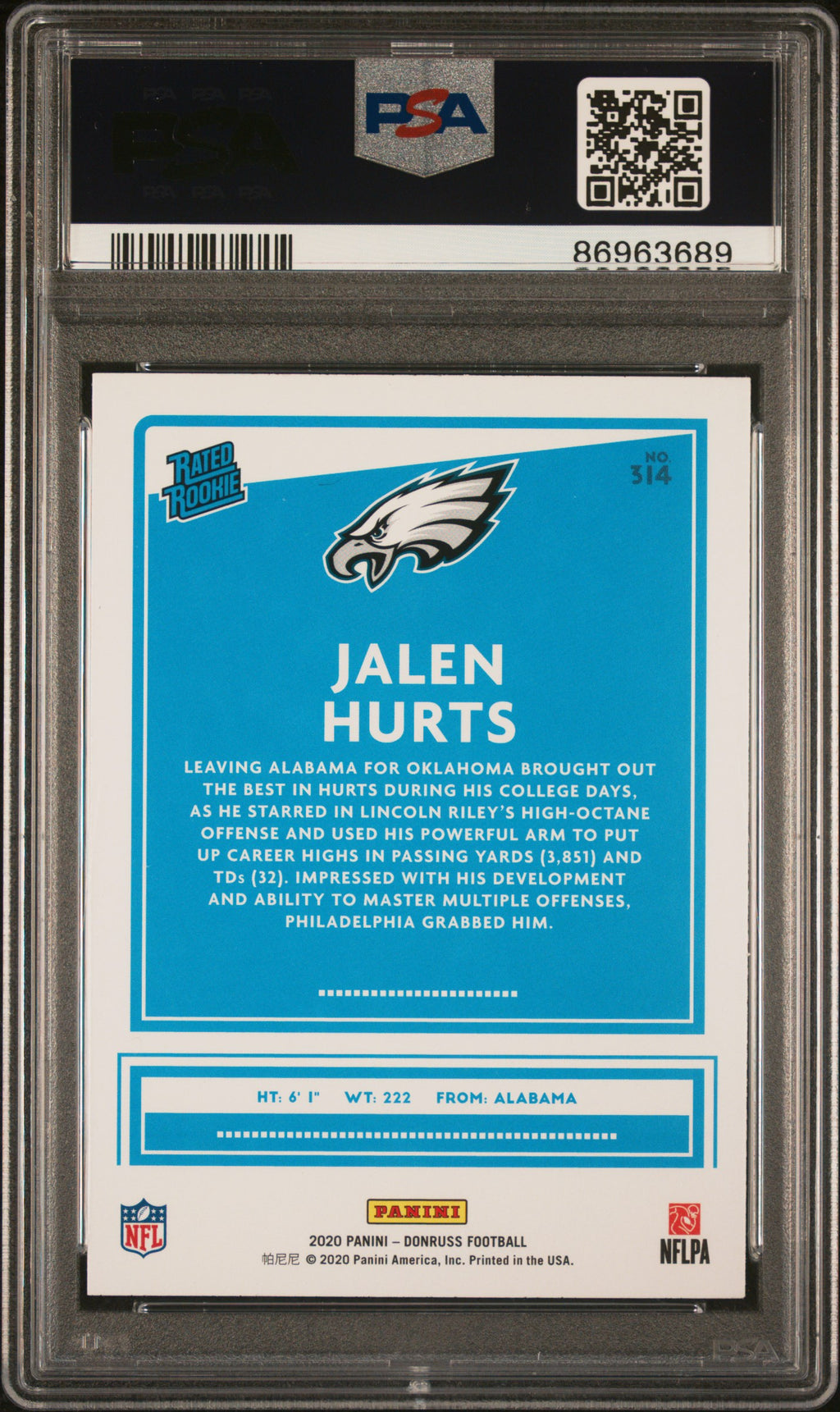 2020 Panini Donruss Jalen Hurts #314 PSA 10