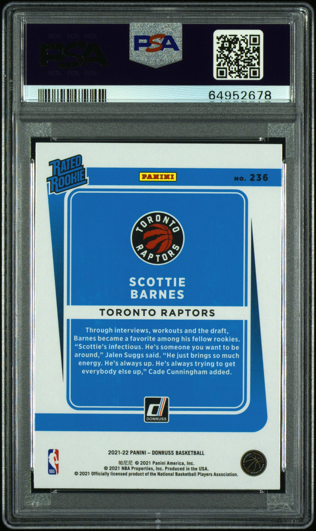 2021 Panini Donruss Scottie Barnes #236 Holo Orange Laser PSA 10
