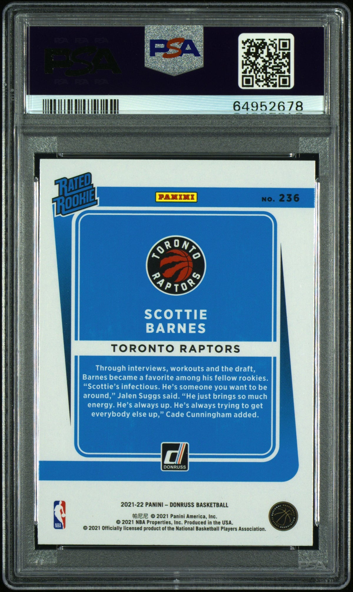 2021 Panini Donruss Scottie Barnes #236 Holo Orange Laser PSA 10