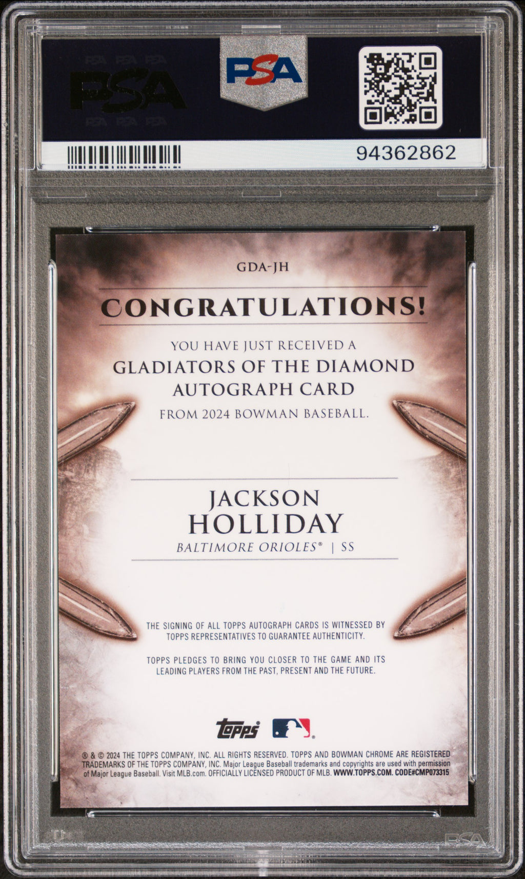 2024 Bowman Gladiators Of The Diamond Autographs Jackson Holliday #GDAJH /99 PSA 10