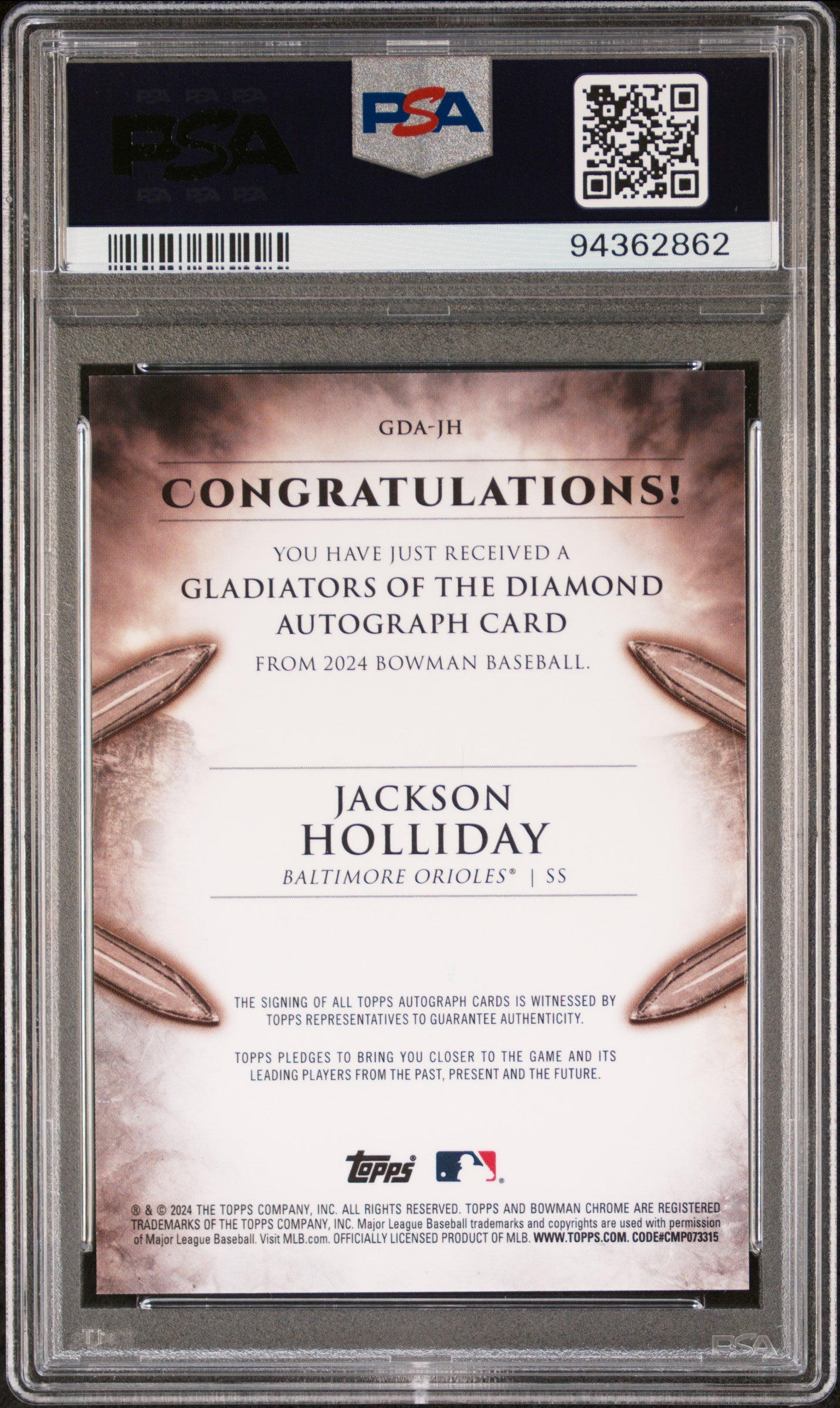 2024 Bowman Gladiators Of The Diamond Autographs Jackson Holliday #GDAJH /99 PSA 10
