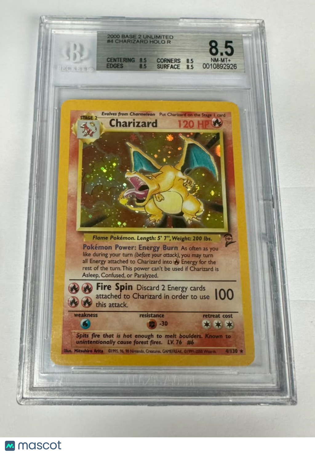 2000 Base Set 2 Unlimited Charizard Holo BGS 8.5 #4/130