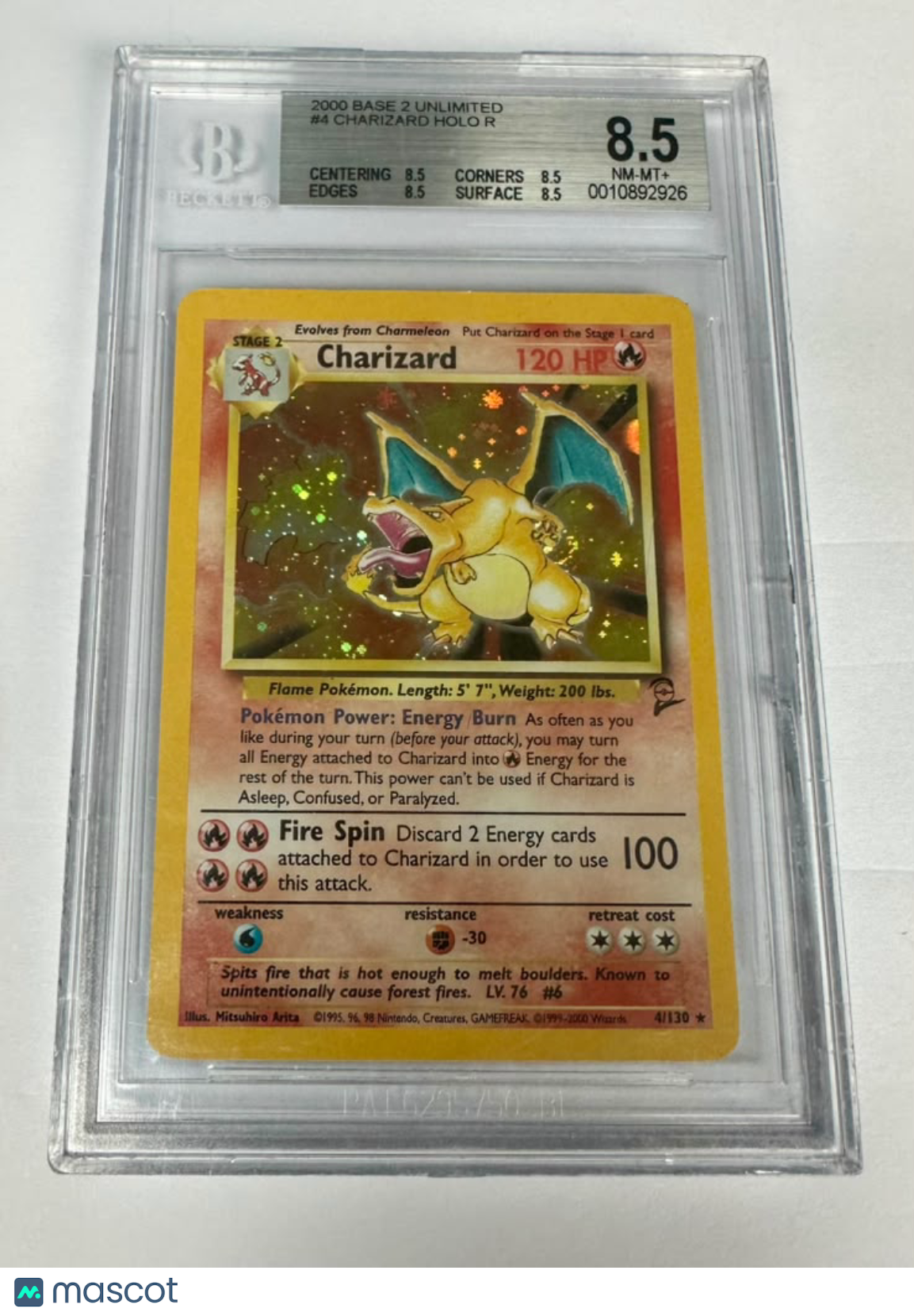 2000 Base Set 2 Unlimited Charizard Holo BGS 8.5 #4/130