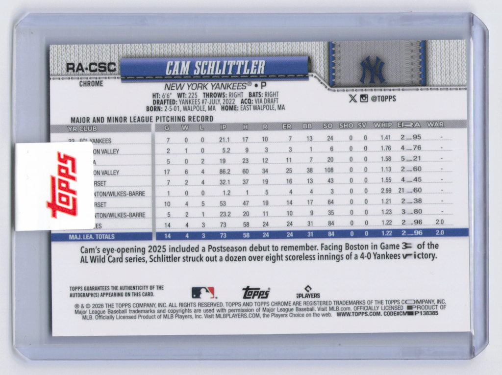 2026 Topps Chrome Cam Schlittler #RA-CSC Aqua Refractor /299 RC