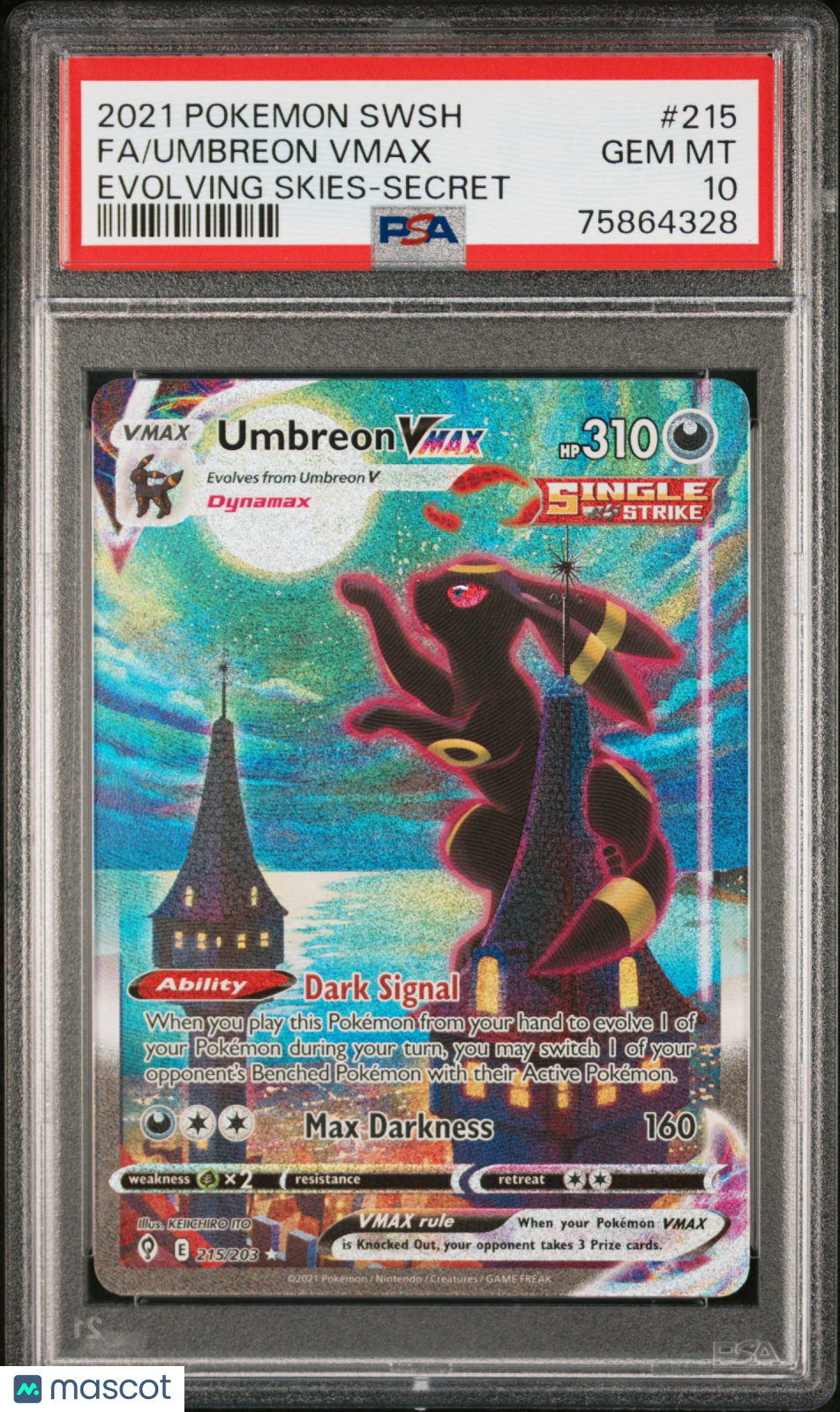 2021 Pokemon Sword & Shield Evolving Skies Umbreon VMAX #215 Fa Evolving Skies-Secret PSA 10