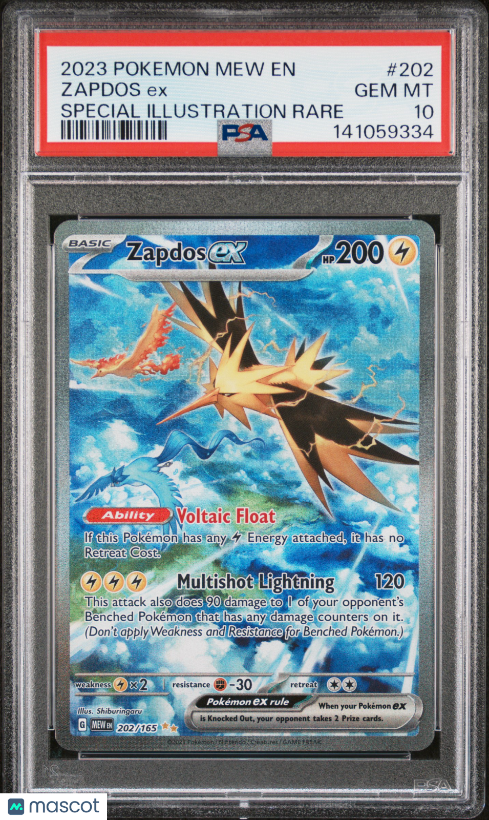 2023 Pokemon Mew EN-151 Zapdos EX #202 Special Illustration Rare PSA 10