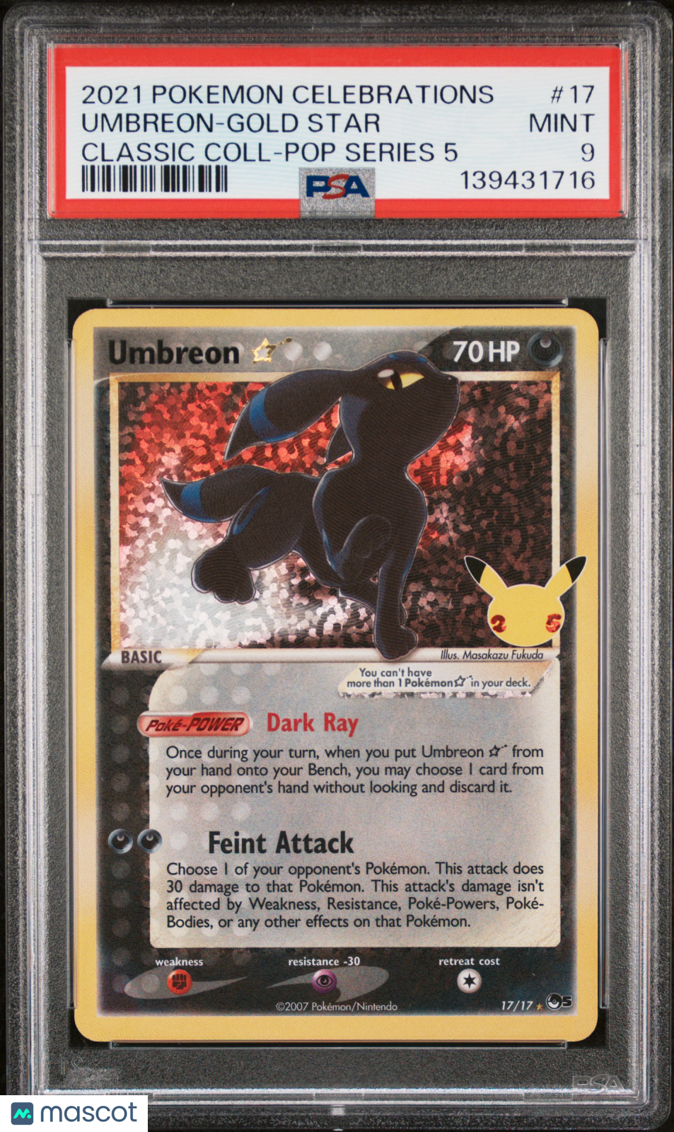 2021 Pokemon Celebrations Classic Collection Umbreon-Gold Star #17 Classic Coll-Pop Series 5 PSA 9