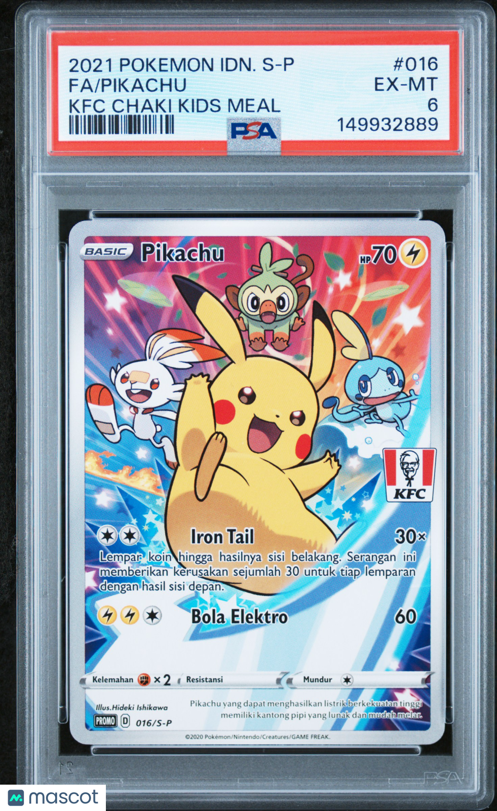 2021 Pokemon Indonesian S Promo Pikachu #016 Fa KFC Chaki Kids Meal PSA 6