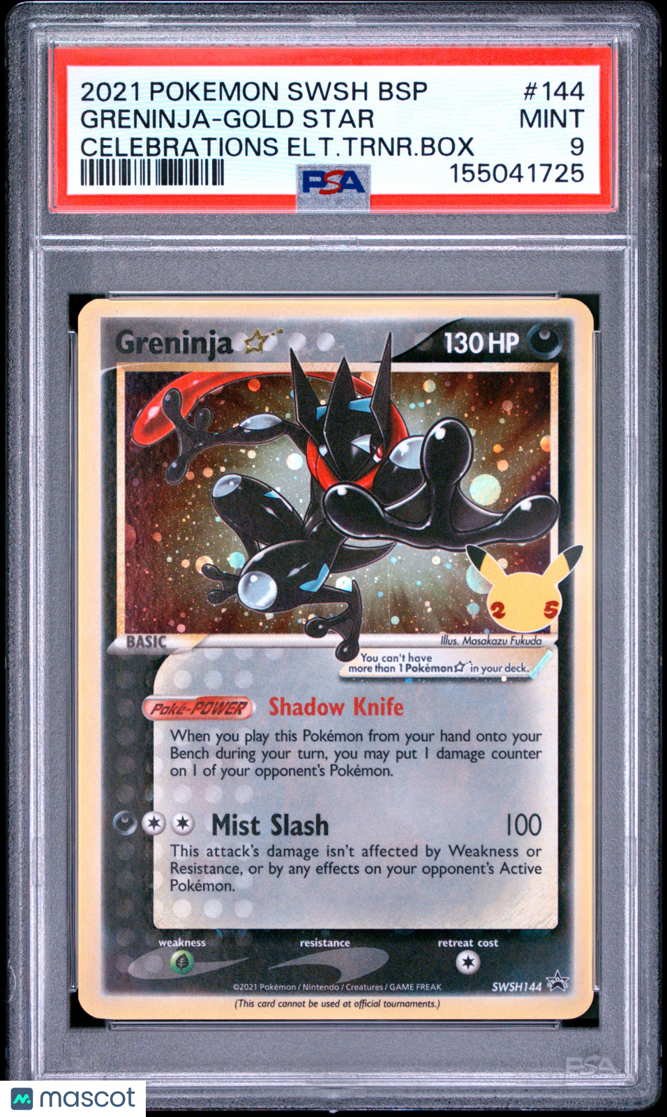 2021 Pokemon Swsh Black Star Promo Greninja-Gold Star #144 Celebrations Elt.Trnr.Box PSA 9