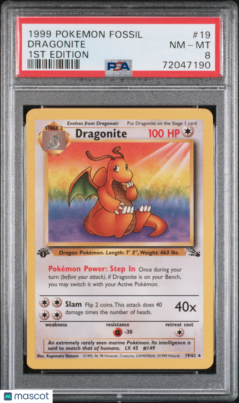 1999 Pokemon Fossil Dragonite #19 1st Edition PSA 8