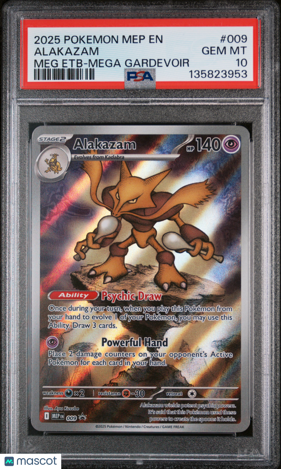 2025 Pokemon Mep EN-Me Black Star Promo Alakazam #009 Meg Etb-Mega Gardevoir PSA 10