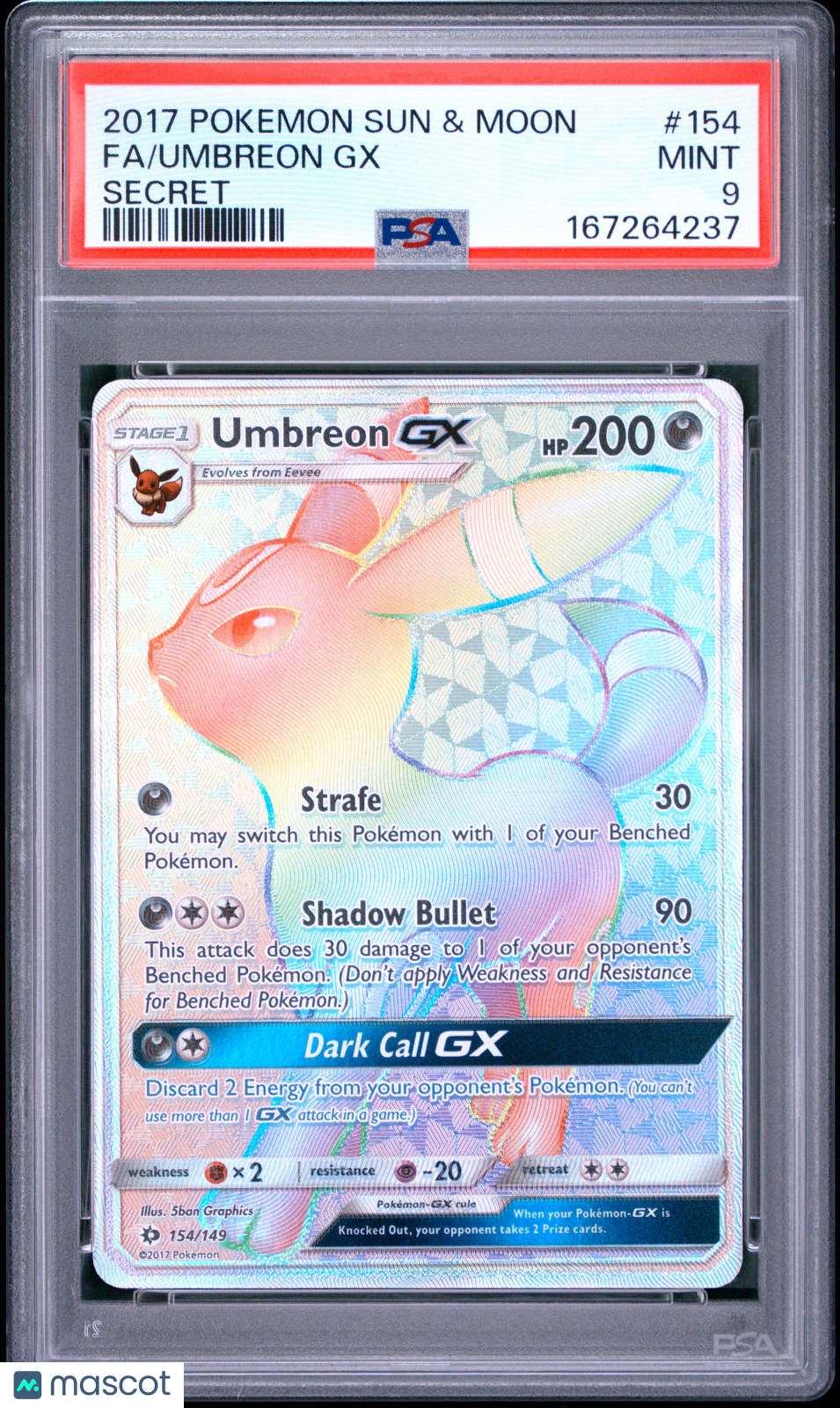 2017 Pokemon Sun & Moon Umbreon GX #154 Secret Fa PSA 9