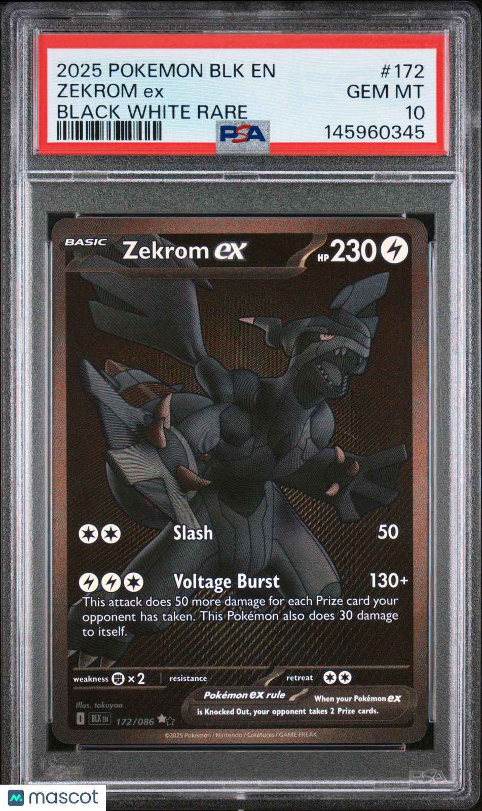 2025 Pokemon BLK EN-Black Bolt Zekrom EX #172 Black White Rare PSA 10