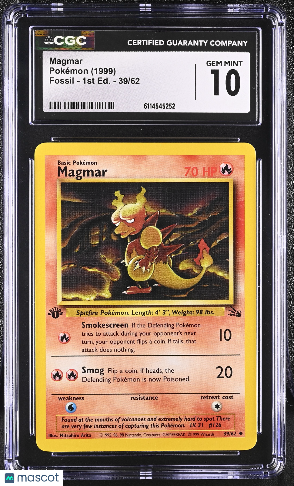 1999 Pokemon Magmar #39/62 39/62 1st Edition CGC 10