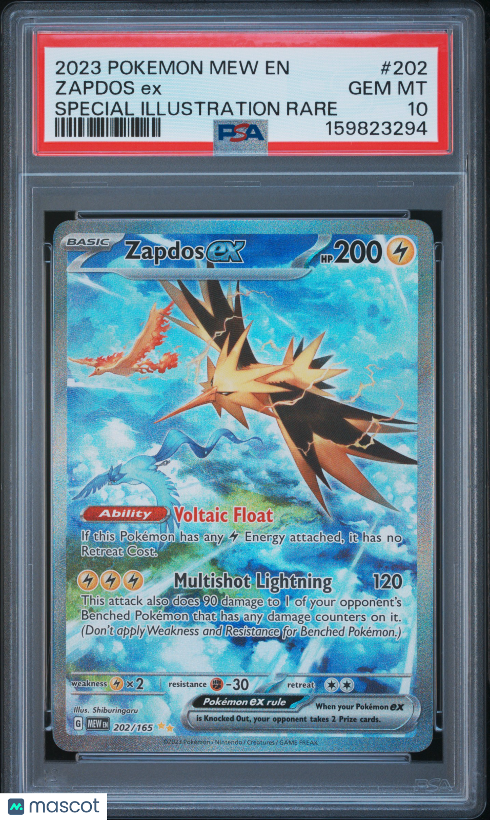 2023 Pokemon Mew EN-151 Zapdos EX #202 Special Illustration Rare PSA 10